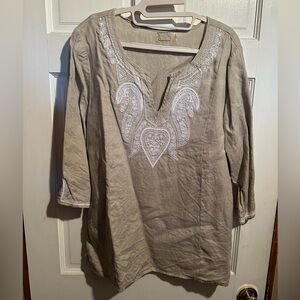 Boho Embroidered Linen Tunic Top - Beige with White Detailing